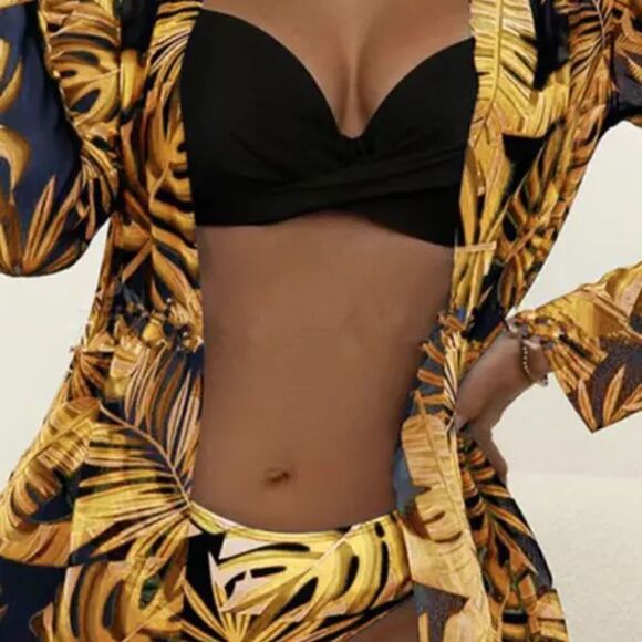 5- 3PCS Tropical Print Crisscross Bikini Set With Cover Up, Chic and Sexy, - Picture 12 of 13